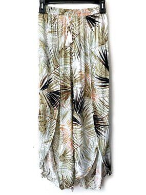 NWOT Label Of Love Womans Tropical Palm Print wide leg Pants, green, size L